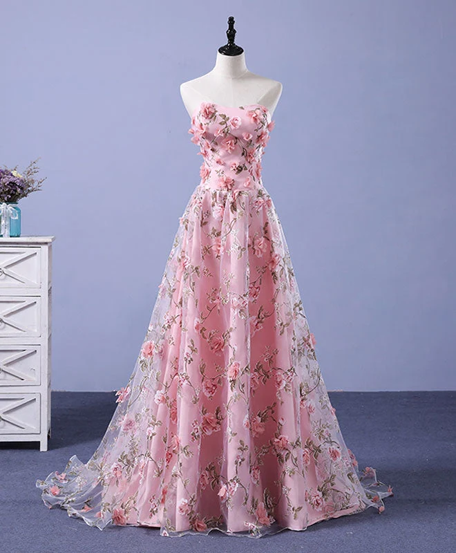 Robe de soirée longue en tulle rose à fleurs 3D
