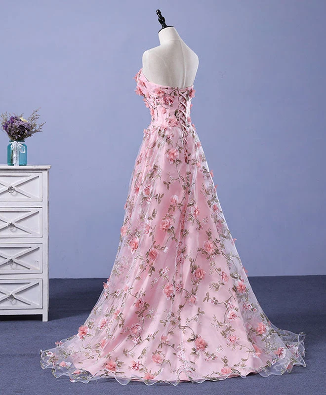 Robe de soirée longue en tulle rose à fleurs 3D