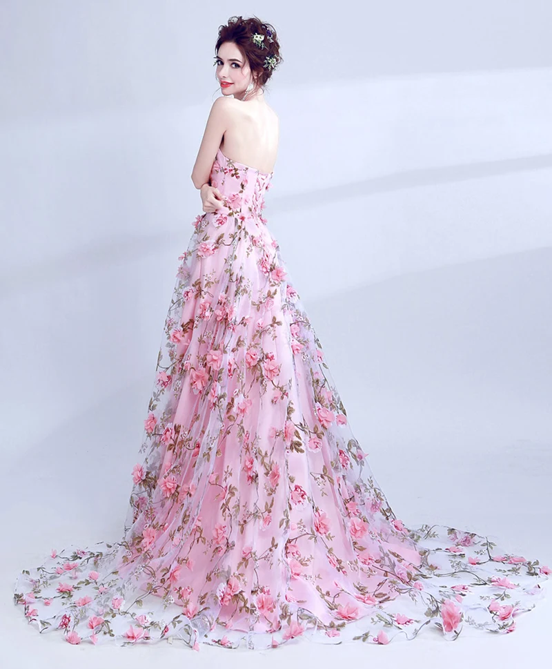 Robe de soirée longue en tulle rose à fleurs 3D