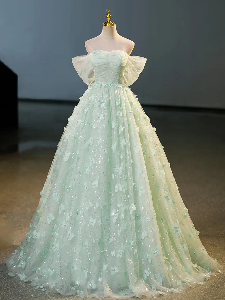 Superbe robe de bal longue en tulle vert, coupe trapèze et dentelle, pour les 16 ans