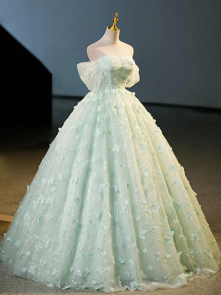 Superbe robe de bal longue en tulle vert, coupe trapèze et dentelle, pour les 16 ans