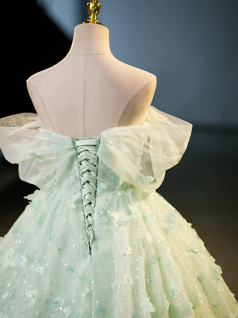 Superbe robe de bal longue en tulle vert, coupe trapèze et dentelle, pour les 16 ans
