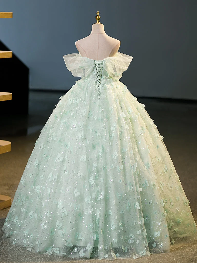 Superbe robe de bal longue en tulle vert, coupe trapèze et dentelle, pour les 16 ans