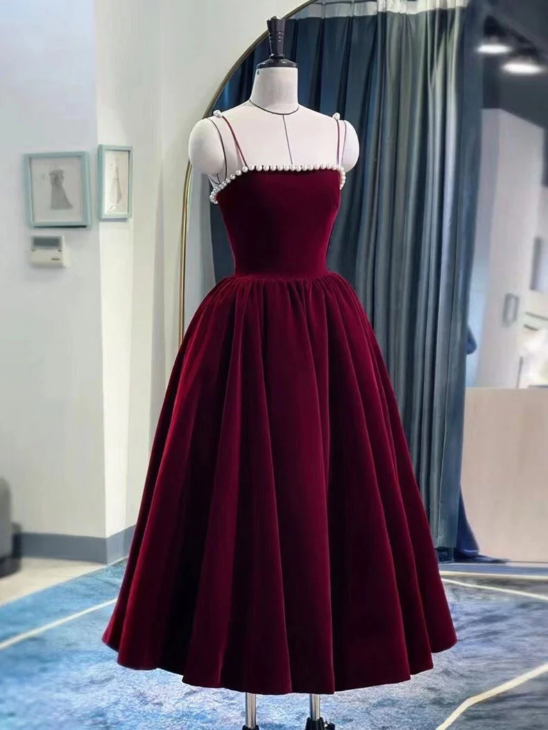 Robe de bal bordeaux longueur thé pour femme, tenue de soirée formelle
