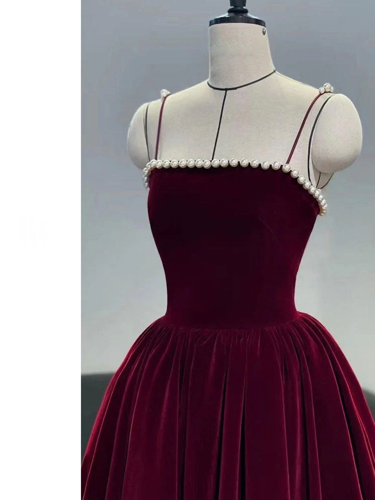 Robe de bal bordeaux longueur thé pour femme, tenue de soirée formelle