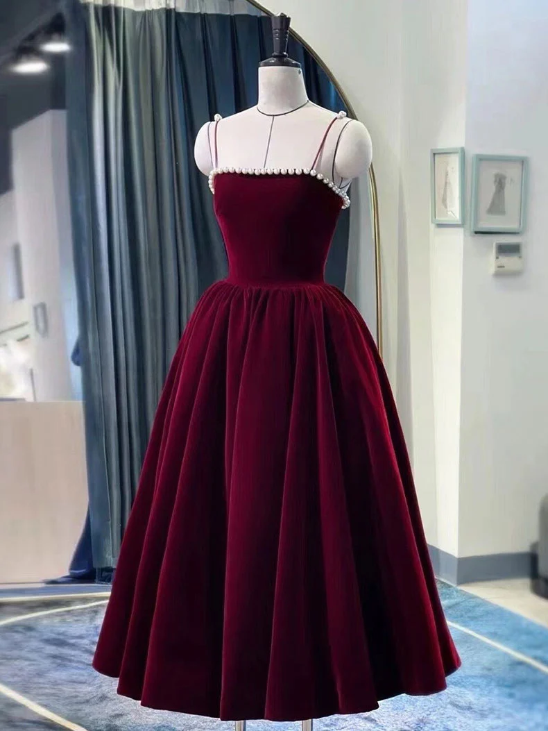 Robe de bal bordeaux longueur thé pour femme, tenue de soirée formelle