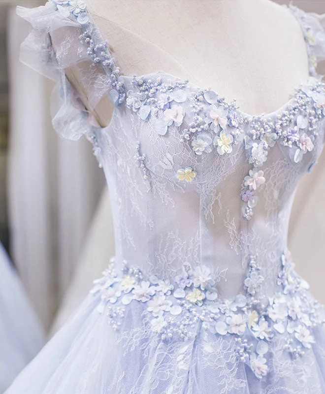 Robe de soirée longue en tulle et dentelle violet clair