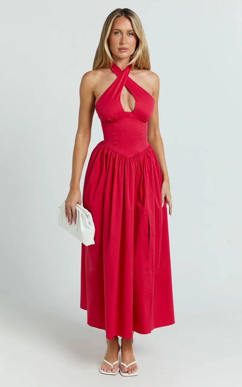 Belle Midi Dress - Keyhole Halter With V Yoke Dress in Red