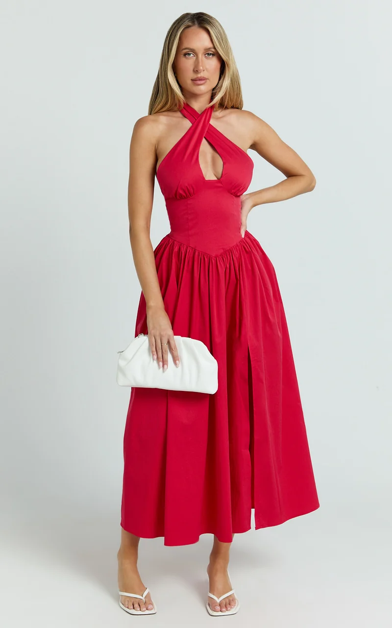 Belle Midi Dress - Keyhole Halter With V Yoke Dress in Red