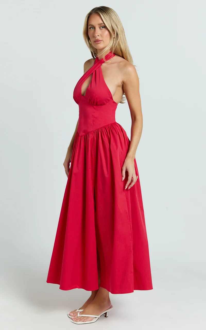 Belle Midi Dress - Keyhole Halter With V Yoke Dress in Red
