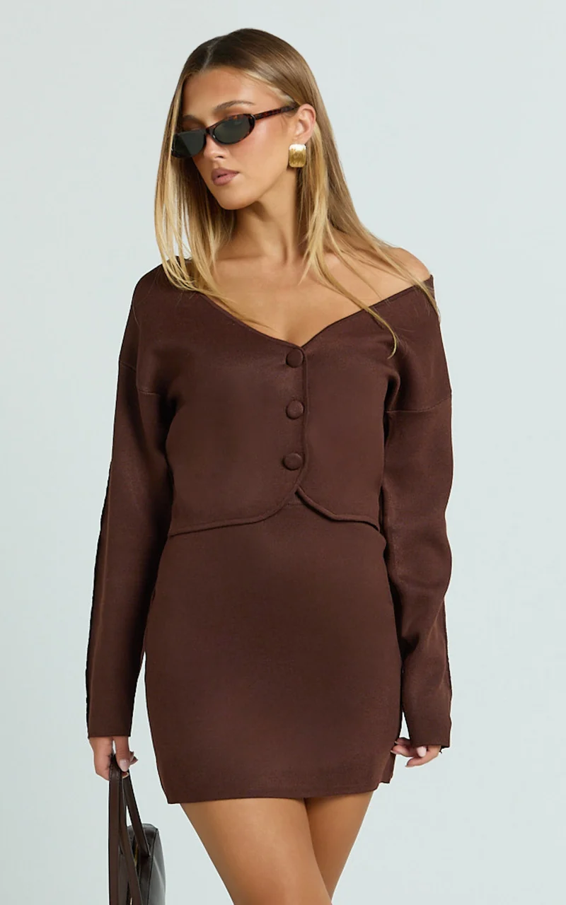 Charisse Two Piece Top and Skirt Set - Knit Cardigan And Mini Skirt in Chocolate