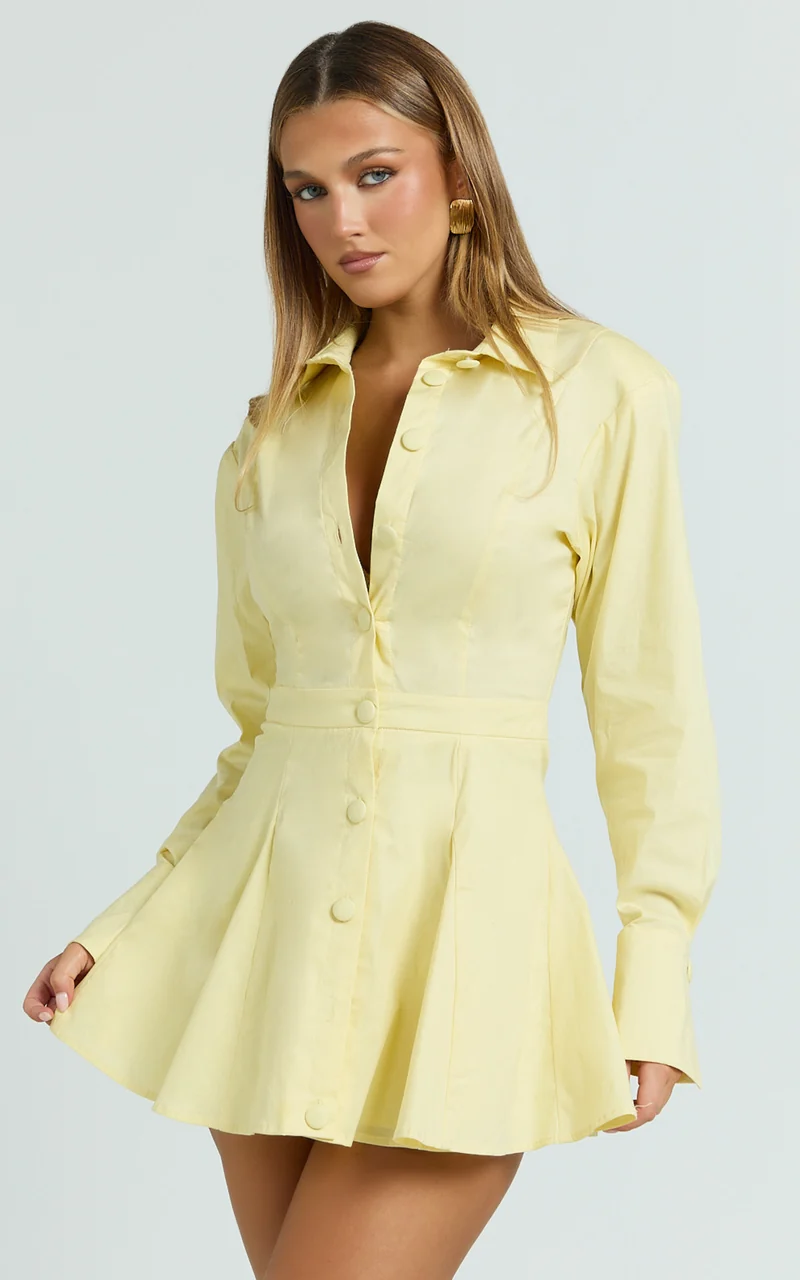 Dale Mini Dress - Power Shoulder Collared Button Down Fit And Flare Dress in Lemon