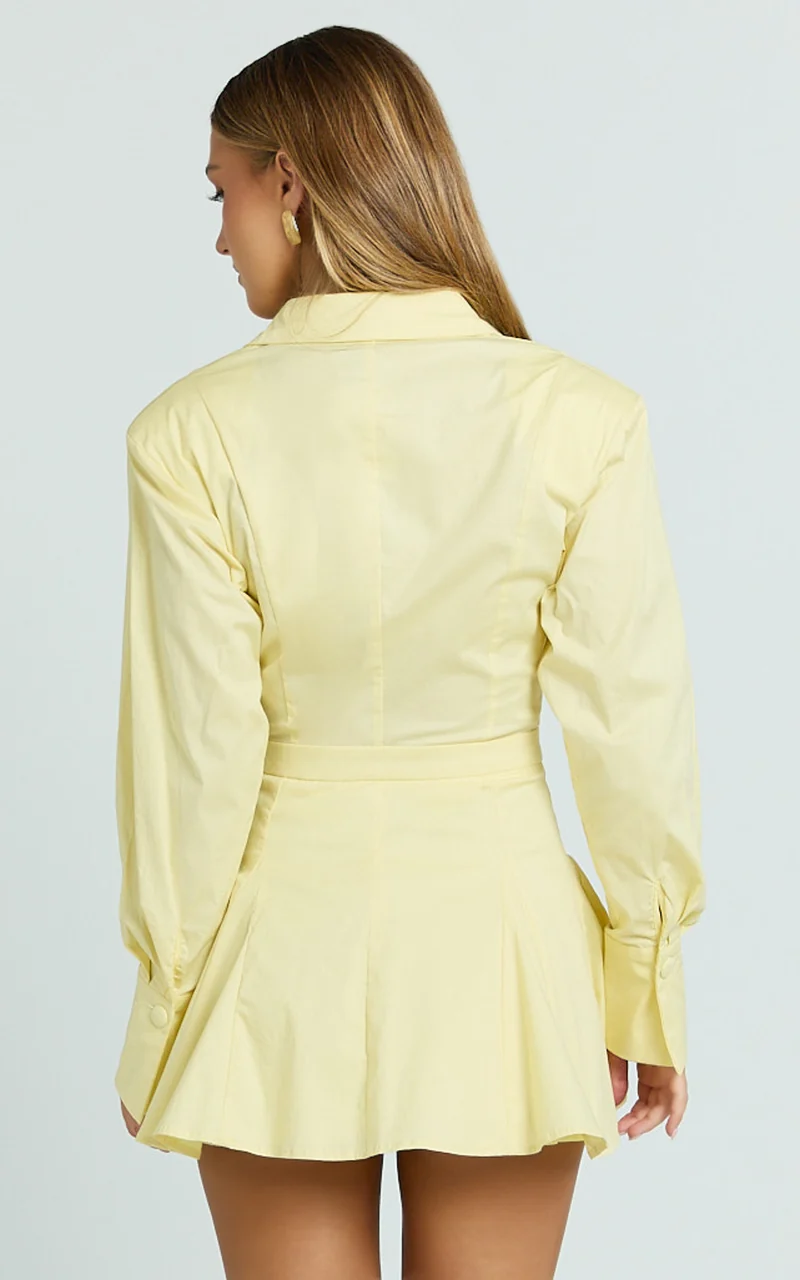 Dale Mini Dress - Power Shoulder Collared Button Down Fit And Flare Dress in Lemon