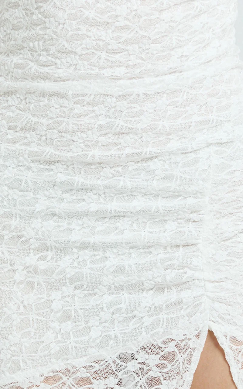 Karlene Midi Dress - Stretch Lace Long Sleeve Ruched Split Hem Dress in Ivory