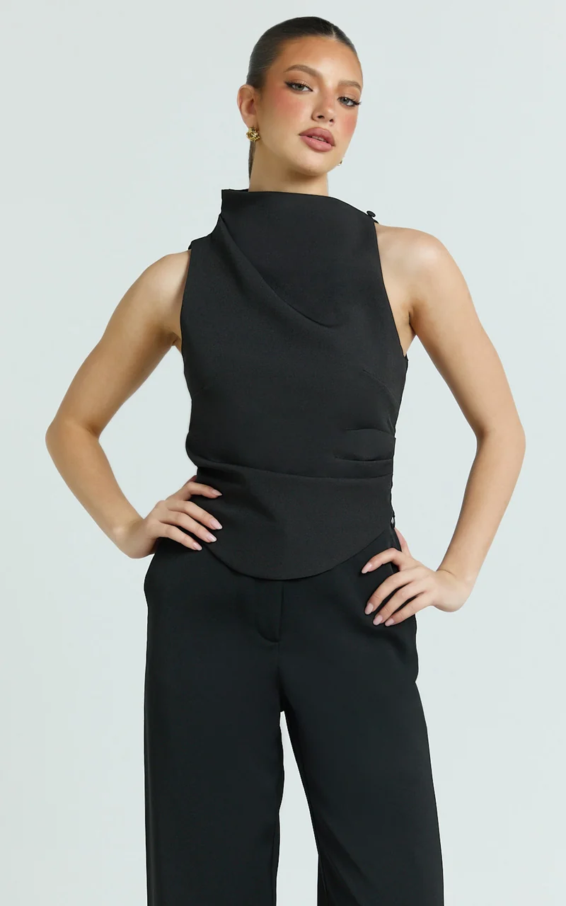 Harlene Top - Draped Tucked Neck Sleeveless Top in Black
