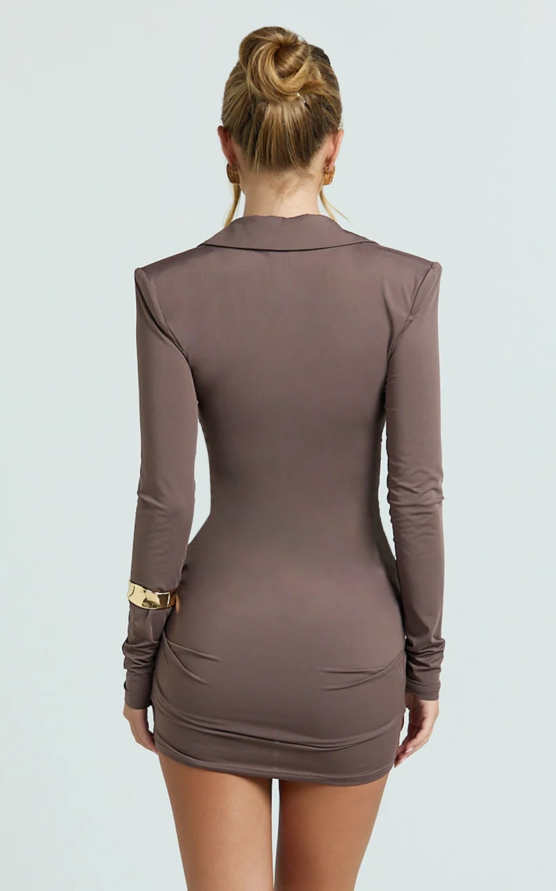 Heath Mini Dress - Concealed Placket Drape Gather Skirt Overlay Dress in Brown