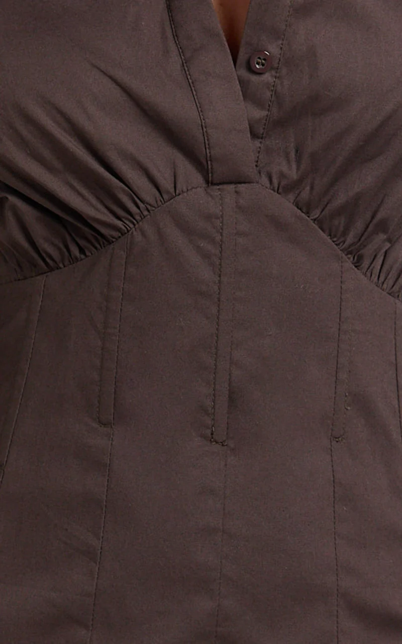 Gino Mini Dress - Collared Button Down Corset Waist Shirt Dress in Chocolate