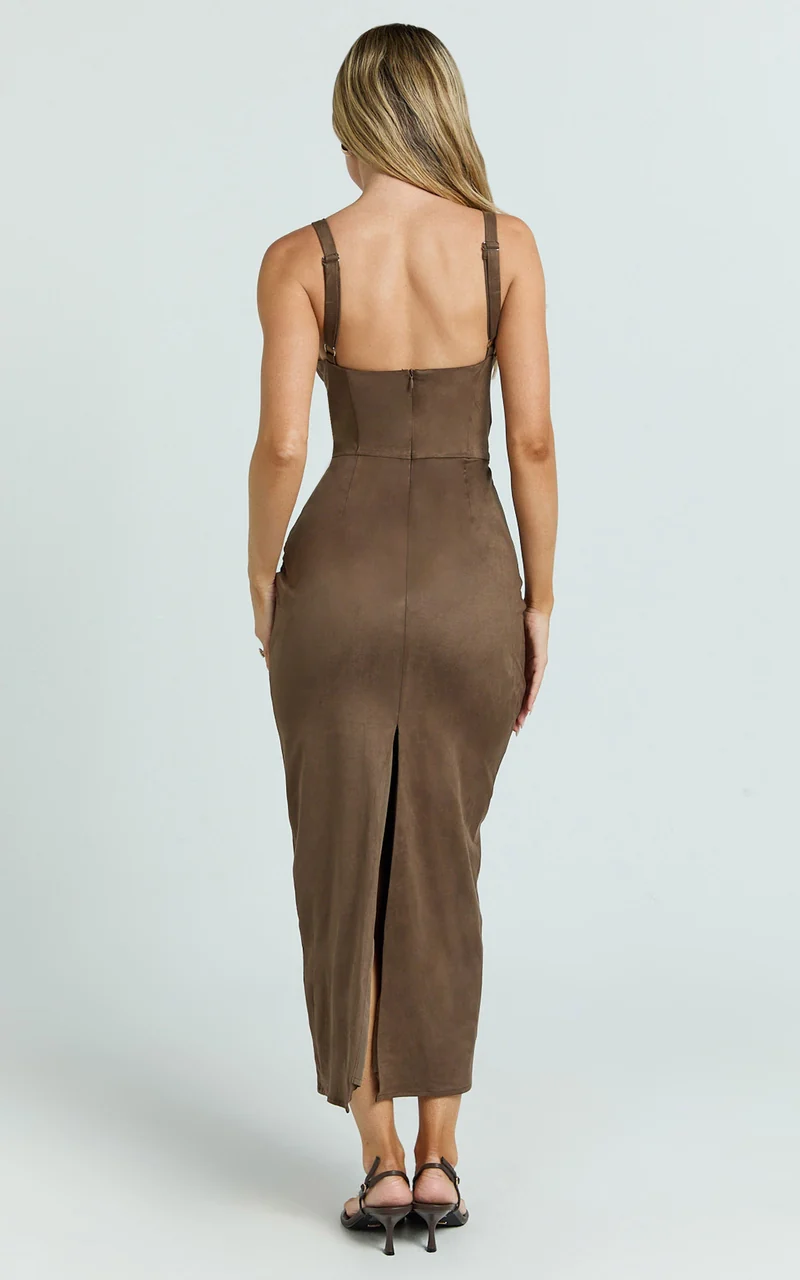 Desi Midi Dress - Spaghetti Strap V Neck Front Leg Split Dress in Chocolate