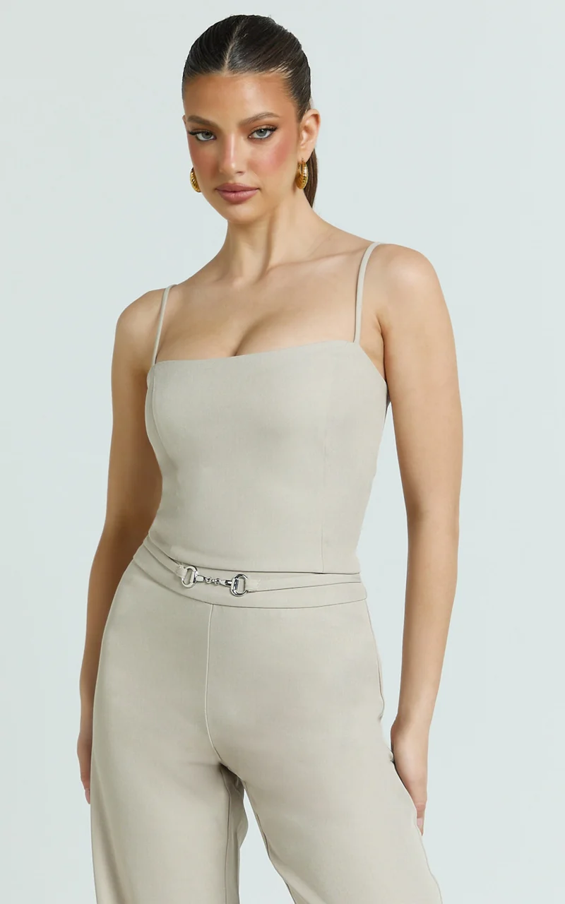Charlize Top - Spaghetti Strap Scoop Neck Top in Stone