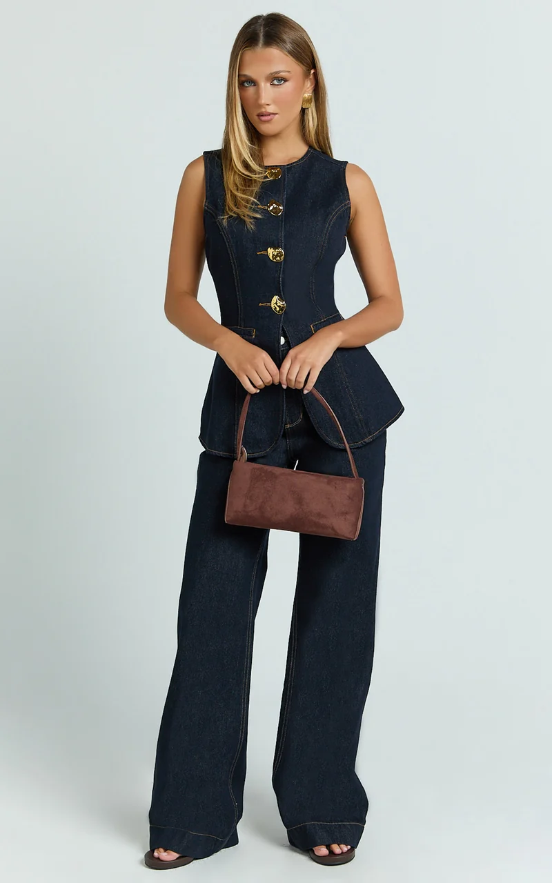 Rhianna Top - Button Down Longline Recycled Denim Vest Top in Raw Denim