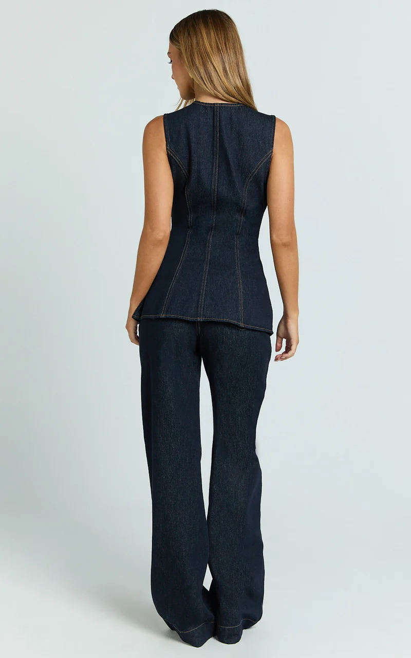 Rhianna Top - Button Down Longline Recycled Denim Vest Top in Raw Denim