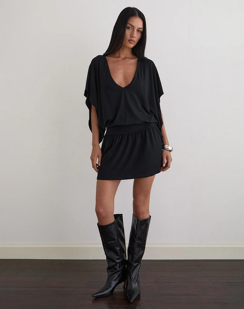 Osiri Batwing Plunge Mini Dress in Jersey Black