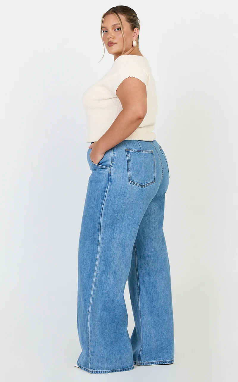 Emman Jeans - High Waisted Cotton Wide Leg Denim Jeans in Mid Blue