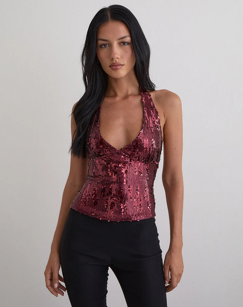 Cosio Halter Top in Mix Sequin Maroon