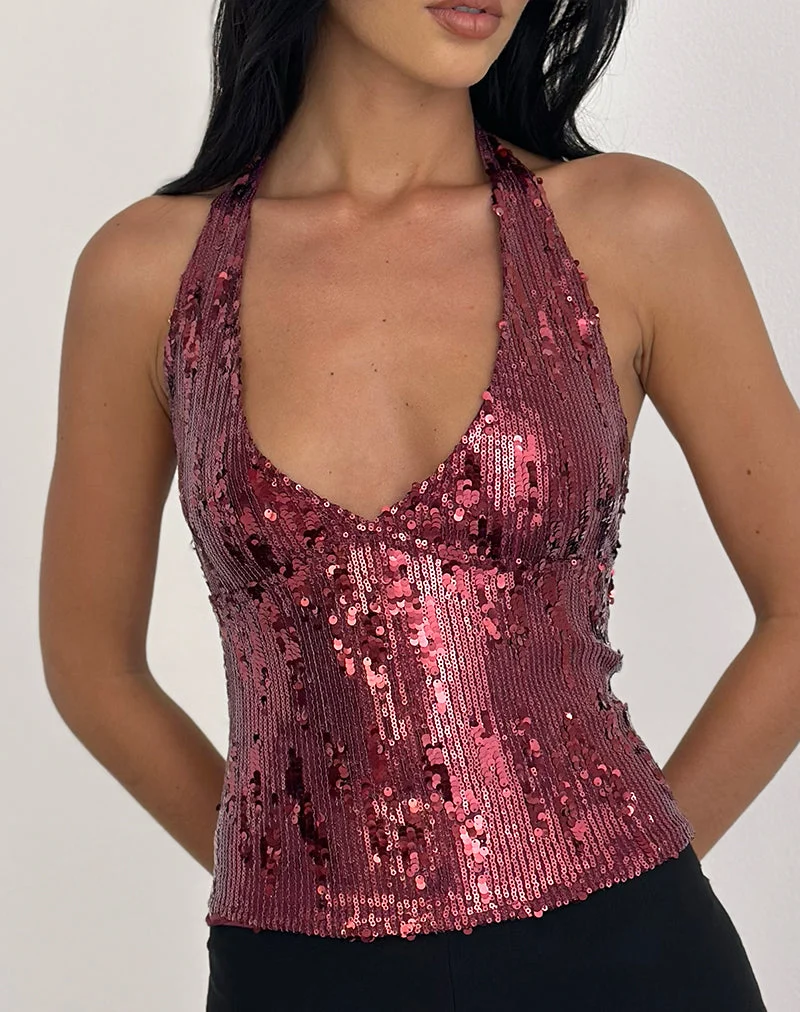 Cosio Halter Top in Mix Sequin Maroon