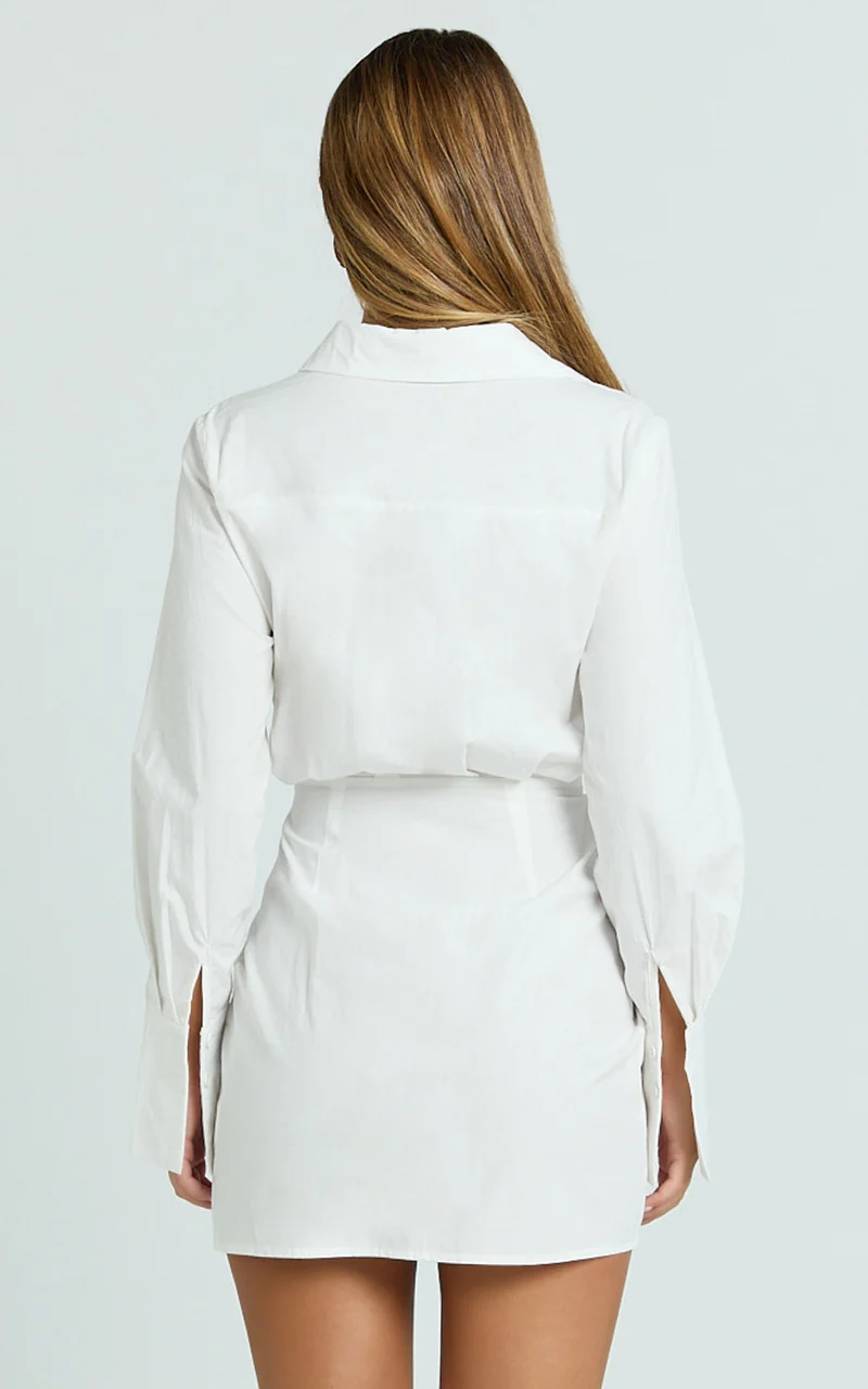 Duncan Mini Dress - Long Sleeve Tie Waist Shirt Dress in White