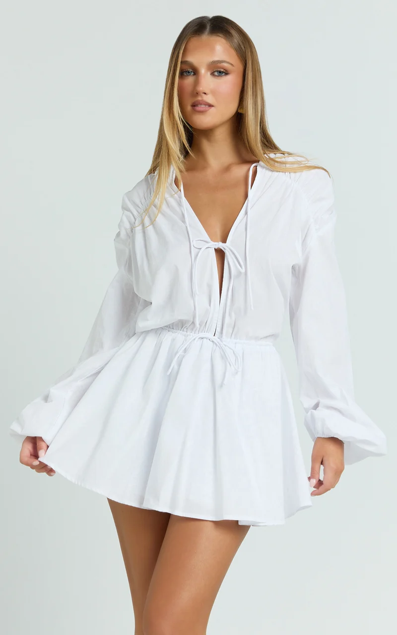 Felix Mini Dress - Front Tie Bishop Sleeve Dress in White