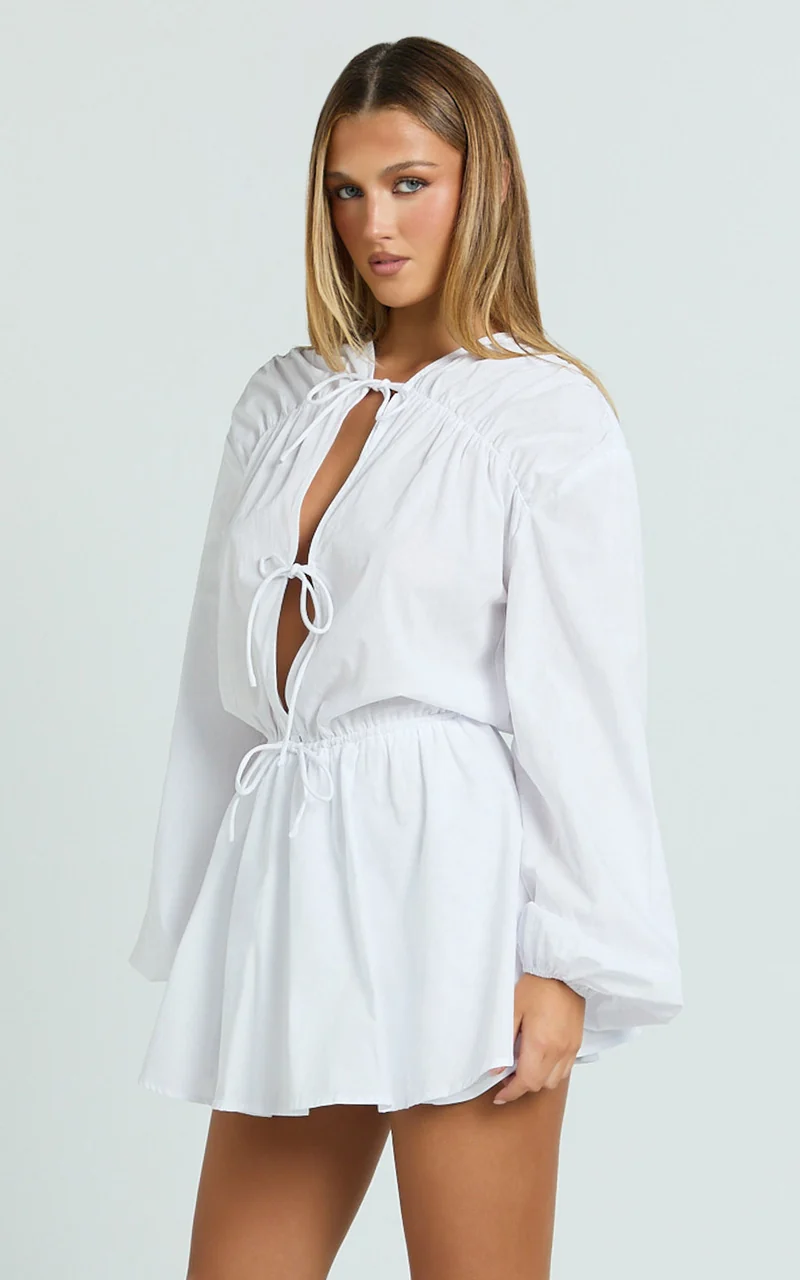 Felix Mini Dress - Front Tie Bishop Sleeve Dress in White