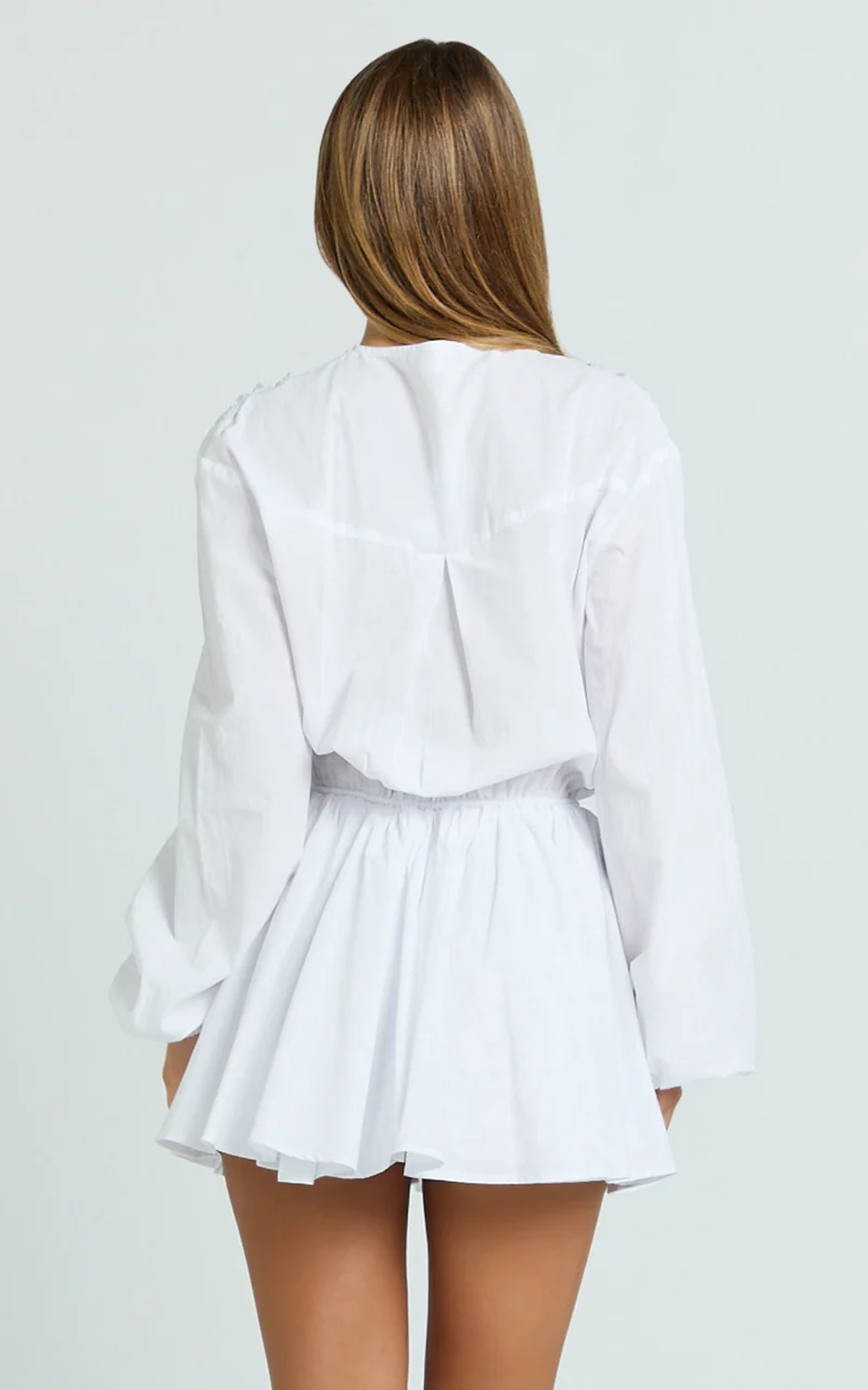 Felix Mini Dress - Front Tie Bishop Sleeve Dress in White