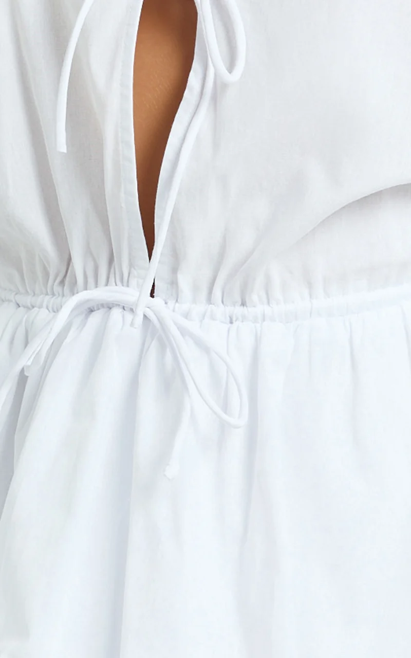 Felix Mini Dress - Front Tie Bishop Sleeve Dress in White