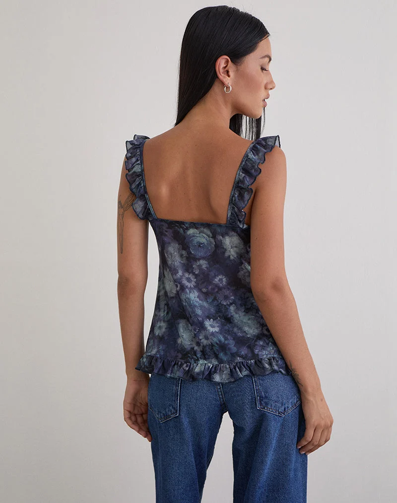 Jibola Top in Mesh Arty Flowers Dark Blue
