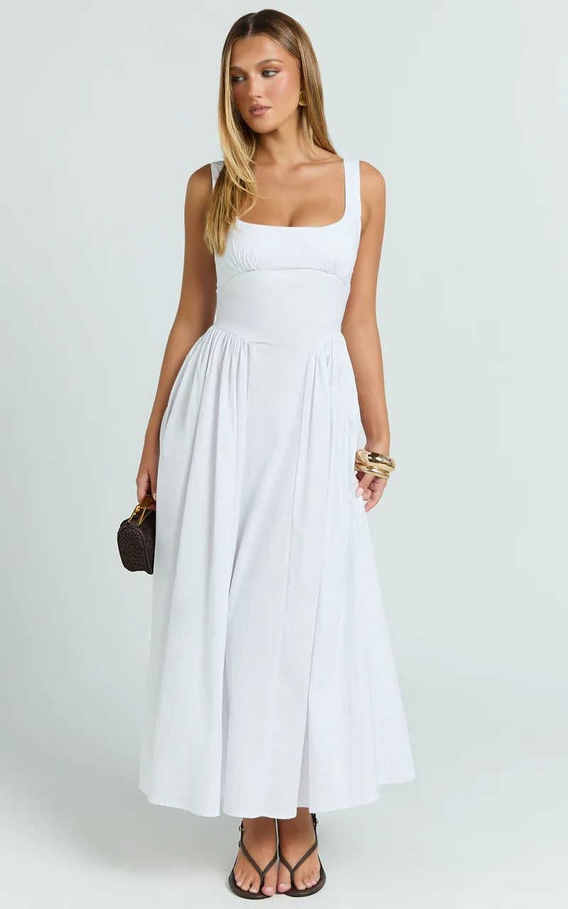 Donatella Midi Dress - Ruched Bust Fit And Flare Dress in White