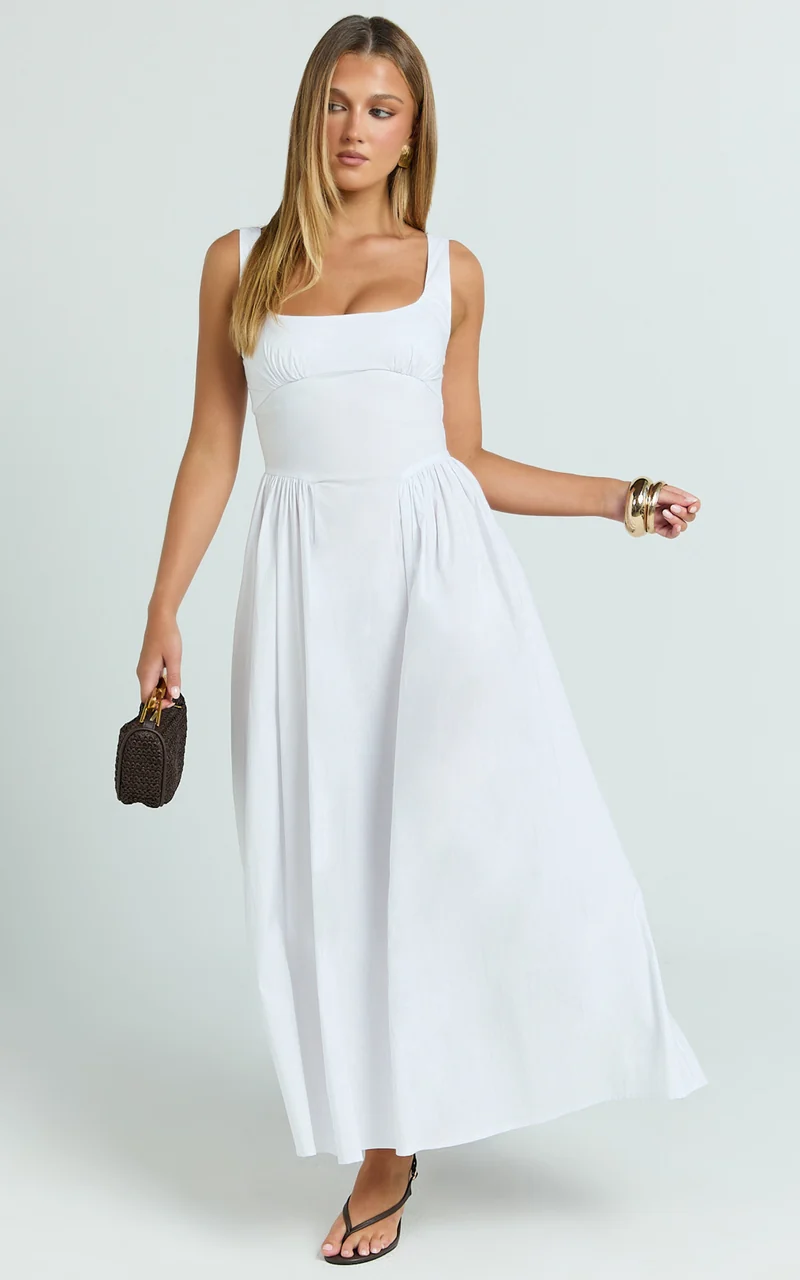 Donatella Midi Dress - Ruched Bust Fit And Flare Dress in White