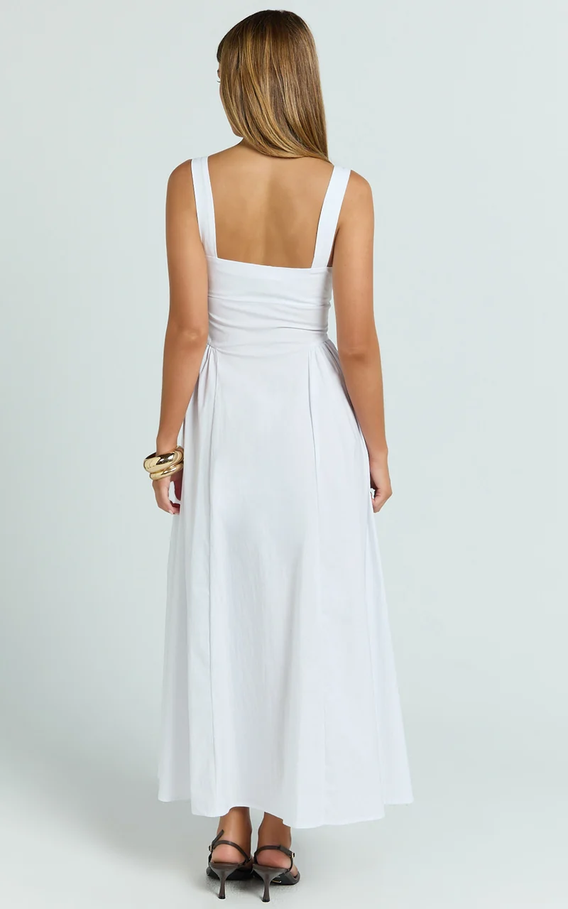 Donatella Midi Dress - Ruched Bust Fit And Flare Dress in White