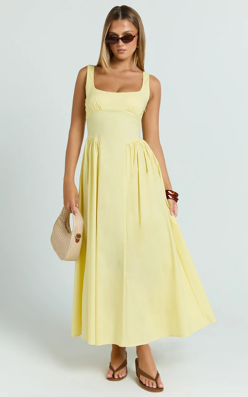 Donatella Midi Dress - Ruched Bust Fit And Flare Dress in Lemon