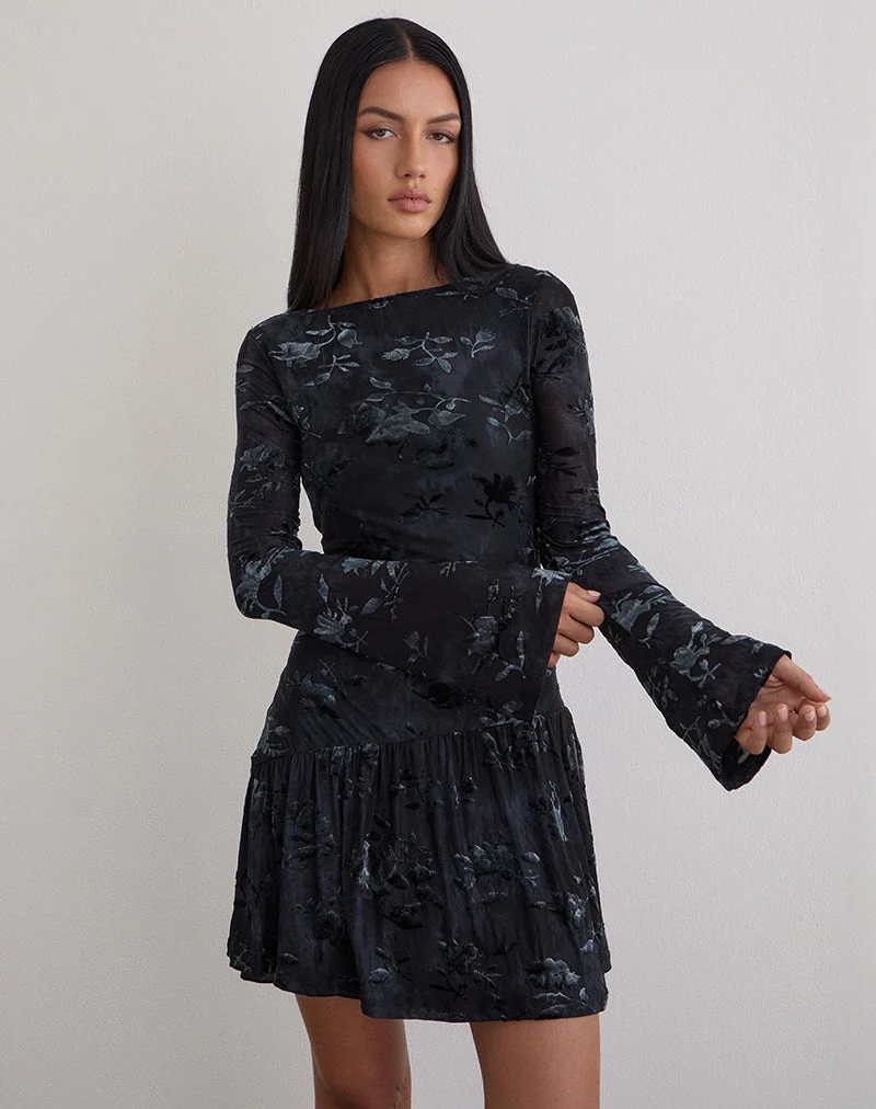 Anyeli Mini Robe en velours feuille Bleu foncé