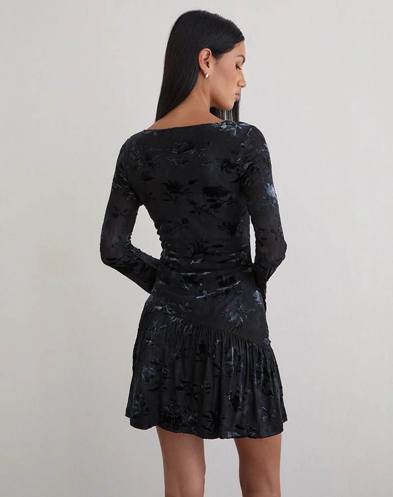 Anyeli Mini Robe en velours feuille Bleu foncé
