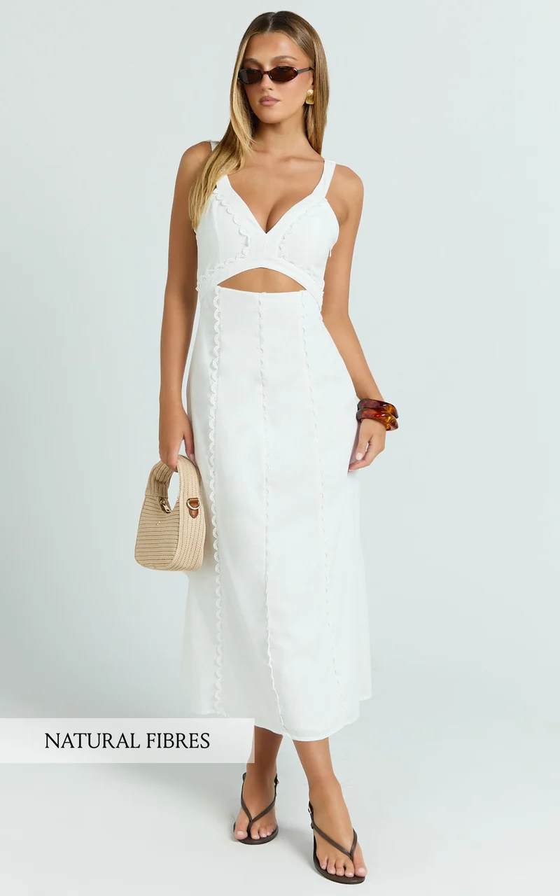Dexter Midi Dress - V Neck A Line Dress in Off White