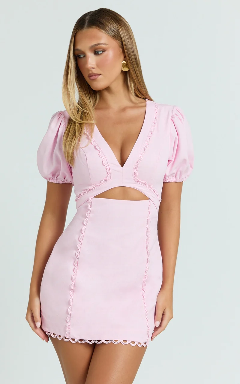 Carolyn Mini Dress - V Neck Puff Sleeve Dress in Pale Pink