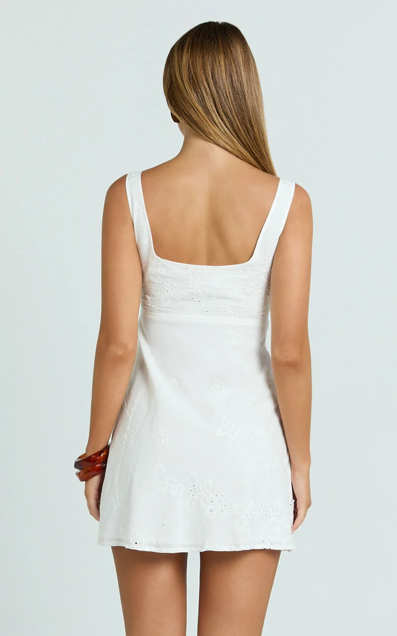 Brigitta Mini Dress - Embroidered Sweetheart A Line Dress in White