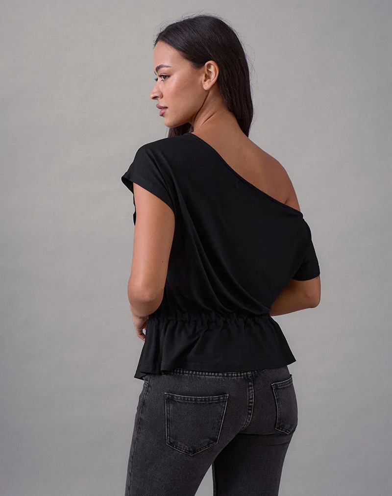 Sika One Shoulder Top in Black with Tie Belt (Top asymétrique noir avec ceinture à nouer)