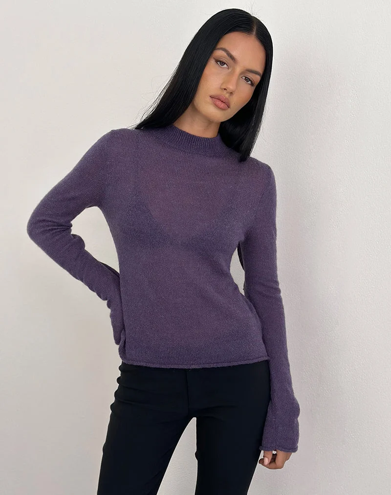 Top à manches longues Miku en maille transparente violet
