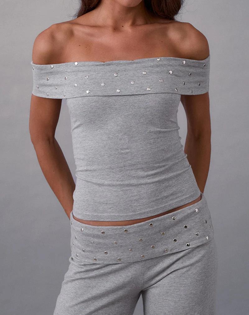 Eulala Bardot Top in Studded Grey Marl (Top bardot Eulala en gris marron clouté)