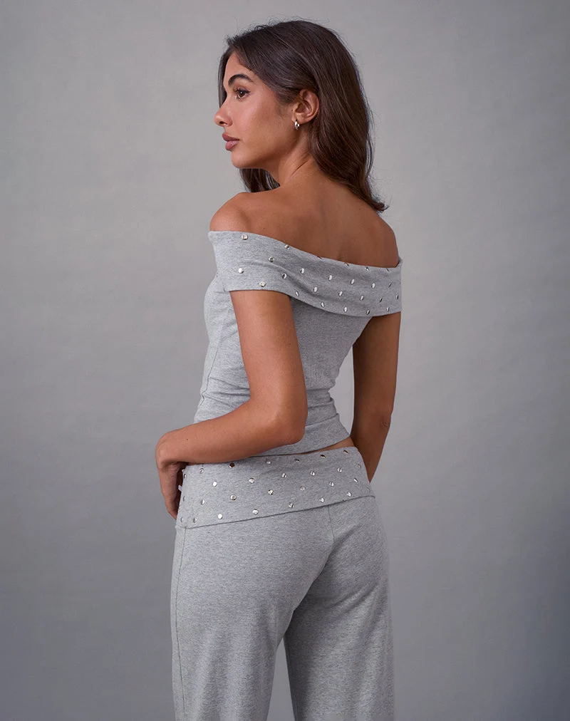 Eulala Bardot Top in Studded Grey Marl (Top bardot Eulala en gris marron clouté)