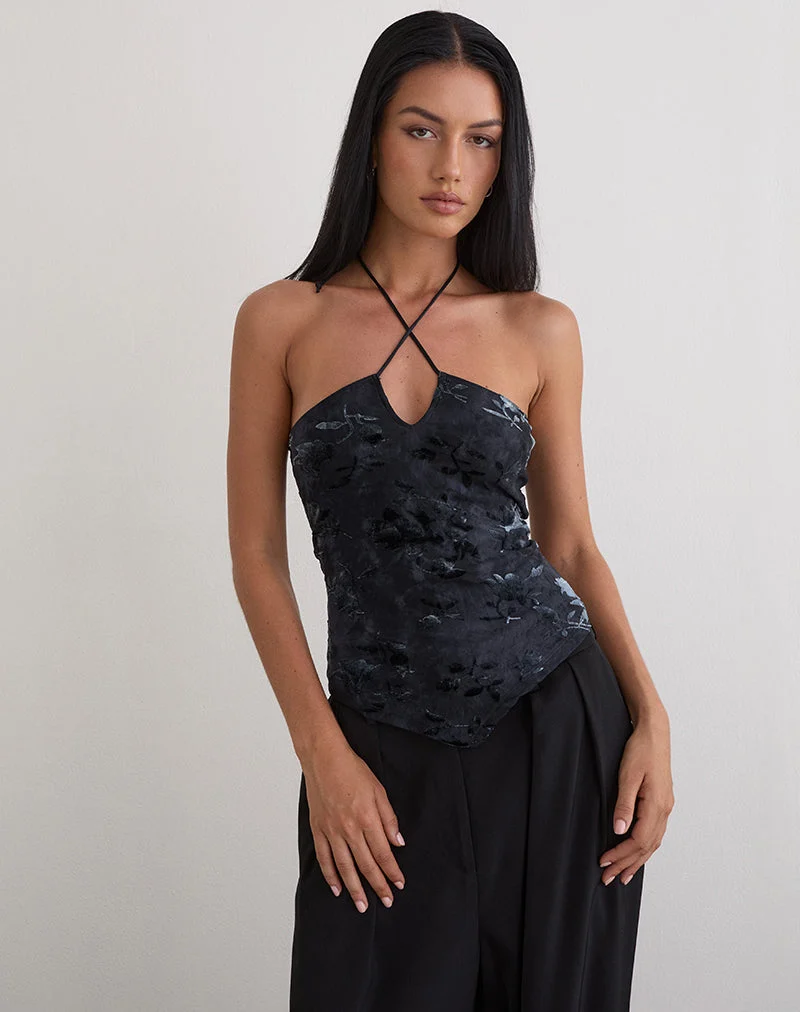 Daiki Halterneck Top in Leaf Velvet Dark Blue