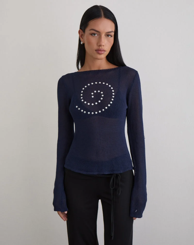 Armali Long Sleeve Top in Stud Sheer Knit Navy (Top à manches longues en maille cloutée et transparente)